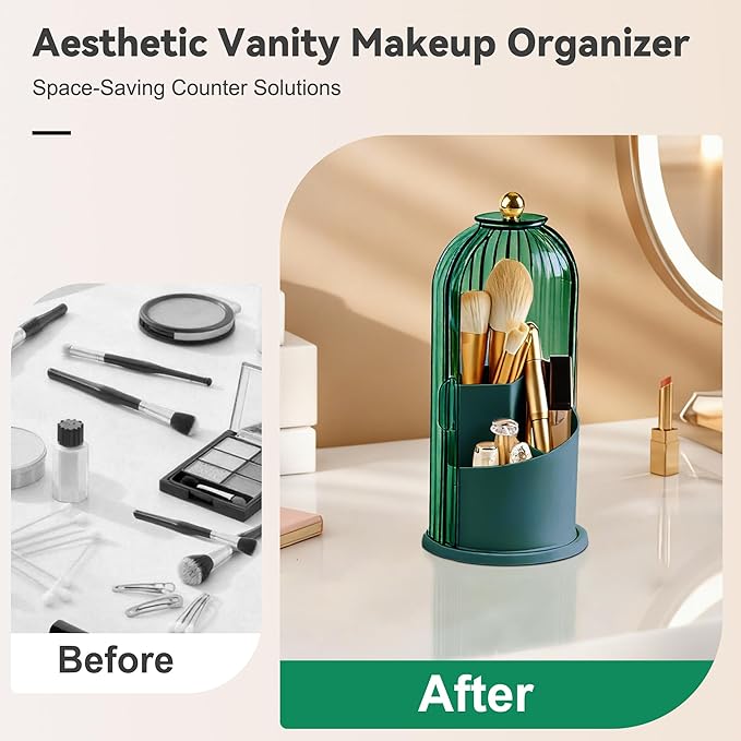 360° Rotating Makeup Brush Holder with Lid, Green