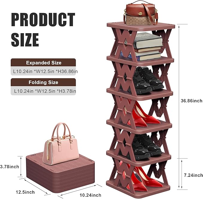 Shoe Rack, 6 Tier Shoe Organizer Fake Wood Pattern, Foldable Small Shoe Storage Space Saving, Collapsible Shoe Organizer for Closet, Front Door Entrance, Entryway, Bedroom, Brown