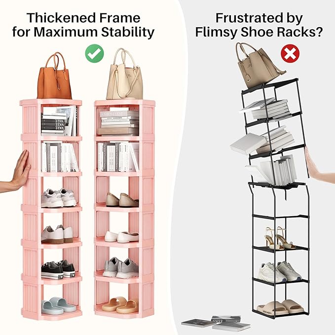 Kitstorack 8-Tier Vertical Plastic Shoe Rack, Freestanding Stackable Shoe Storage Organizer Cubes Shoe Shelf Tower or Small Closets and Tight Spaces, Pink