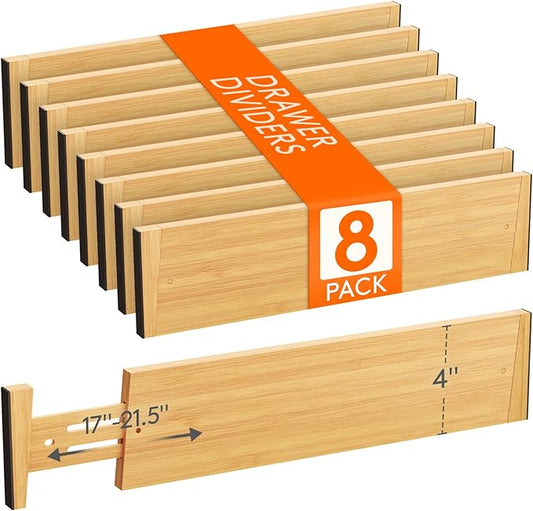 4" High 8 Pack Bamboo Drawer Dividers 43-54cm/17-21.5" Adjustable Wooden Drawer