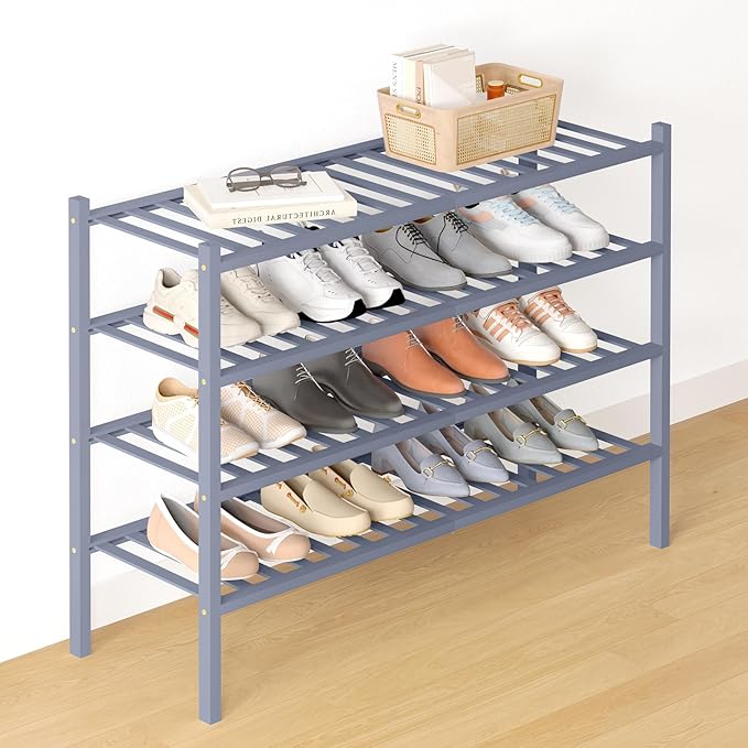 Smiry Bamboo Shoe Rack for Closet, 4 Tier Long Wooden Shoe Organizer, Stackable Wood Shoe Storage Shelf for Entryway, 14 Vertical Slats, 2+2 Stack Heavy-Duty Legs, 33.86"x11.02"x25.98", Grey