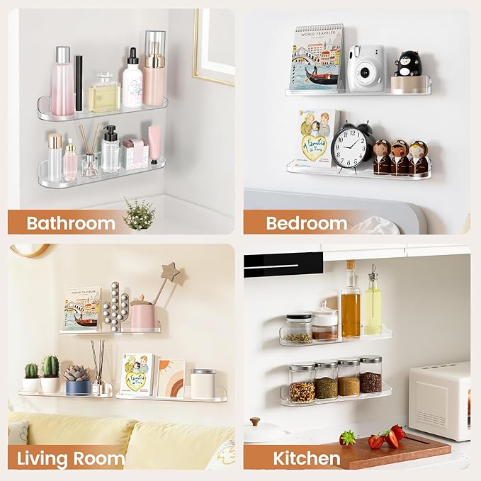 SpaceWhisper Floating Shelves for Wall, 12-Pack 15" Wall Shelves for Bathroom, Bedroom, Living Room, Display Hanging Shelf Organizer for Book, Picture Ledge, Figure Storage, Room Decor (Clear)