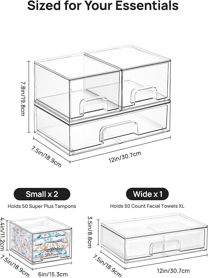 Stackable Storage Drawers Set of 3, Clear Plastic Organizer Bins for Makeup