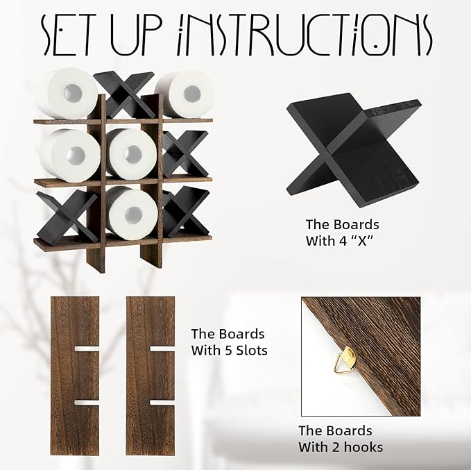 Weysat Tic Tac Toe Toilet Paper Holder Stand Bathroom Wall Decor Rustic Wooden Hanging Storage Freestanding Wall Mounted Shelves Decor for Toilet Tissue Farmhouse