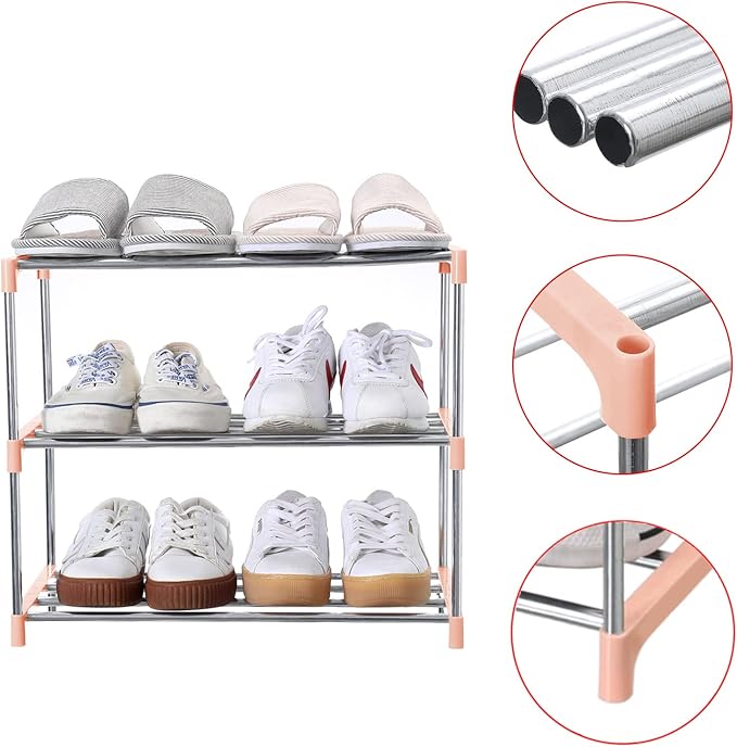 Jucaifu Stackable Small Shoe Rack, Entryway, Hallway and Closet Space Saving Storage and Organization (3-Tier, Pink)