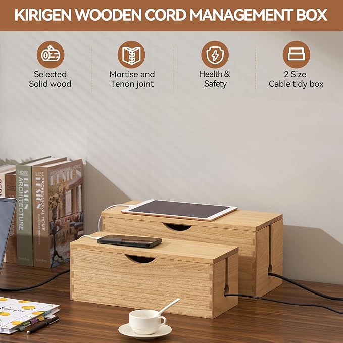 KIRIGEN Wooden Cable Management Box Set of 2 - Solid Wood Large & Small Cord Organizer Hides Power Strips, Chargers & Wires for Desk, TV Stand, Home Office DXH2T-NA