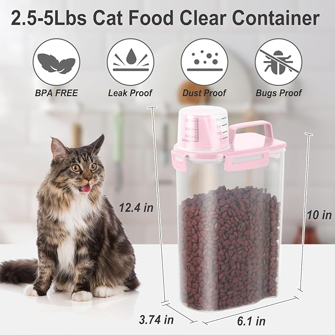 Dog Cat Food Storage Container 3-5lb, Pet Food Container Airtight with Large Spout & Cup, BPA-Free Plastic Food Dispenser for Pet Food, Bird Seed, Rice, Flour (Pink (3L-1pack))