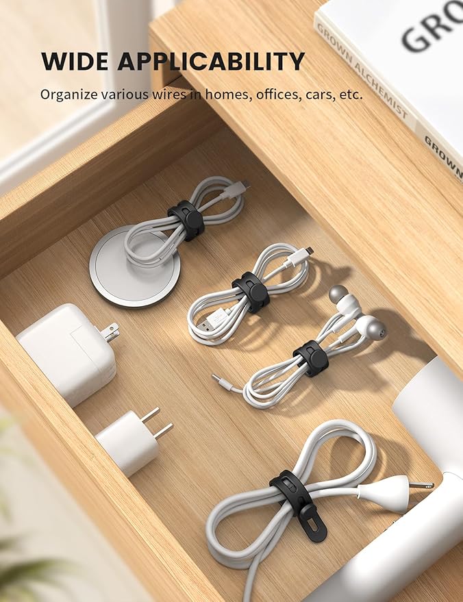 10Pack Reusable Cord Organizer Cable Ties, Silicone Cord Management Wraps