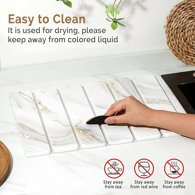 Small Stone Dish Drying Mat for Kitchen Counter, Gold White