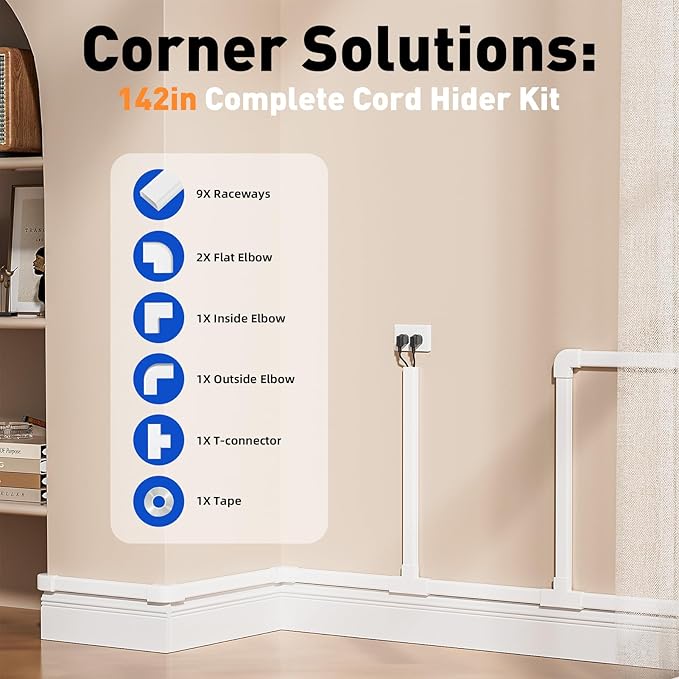 Delamu Cord Hider, 142in Cable Hider, Cord Covers for 3-4 Wires on Wall, Wire Covers for Cords, Wire Hiders for TV on Wall, Easier Setup Cable Cover Cable Management, W1.18 H0.63in, White