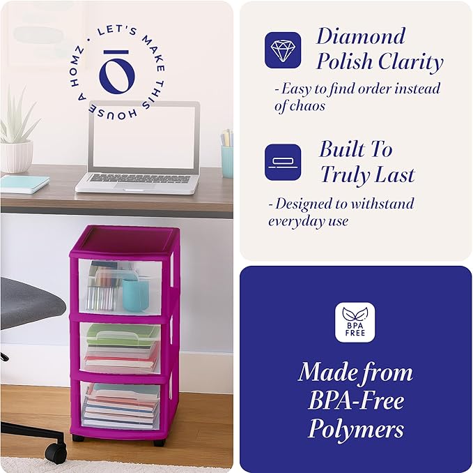 Drawer Tower, 3-Tier Clear Plastic Storage Organizer Cart, Purple Frame