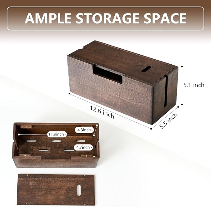 Oak Wood Cable Management Box - Large Cord Hider & Organizer with Magnetic Lid for Desk & Floor Cables in Home Office, Living Room, Bedroom (Walnut)