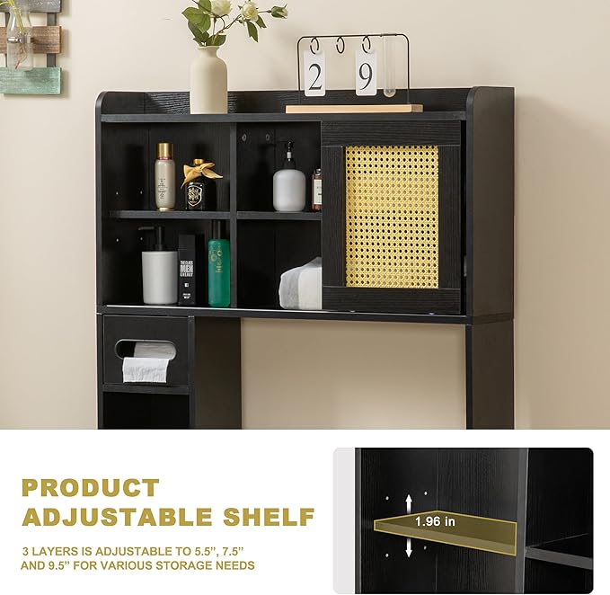 SUNTAGE 6Tier Over The Toilet Storage Cabinet, Freestanding Above Toilet Space Saver Rack w/Adjustable Shelves, Sliding Door, Multifunctional Over Toilet Organizer for Bathroom (Black)