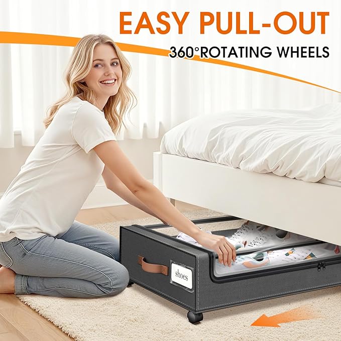 SpaceHacks Under Bed Storage with Wheels 3Pack Storage Containers with Clear Window&Label Under Bed Drawers Rolling Under Bed Storage for Clothes,Shoes, Blankets (30.71 x 16.93 x 6.69 in, Dark Grey)