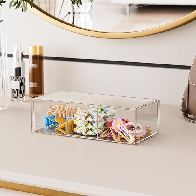 Hair Accessories Organizer for Girls, Clear Hair Bow Tie Clip Scrunchie Holder Organizer with Removable Divider, Cute Small Stackable Storage Drawer Container Caddy Box, Women Vanity Accessories, 2Pcs