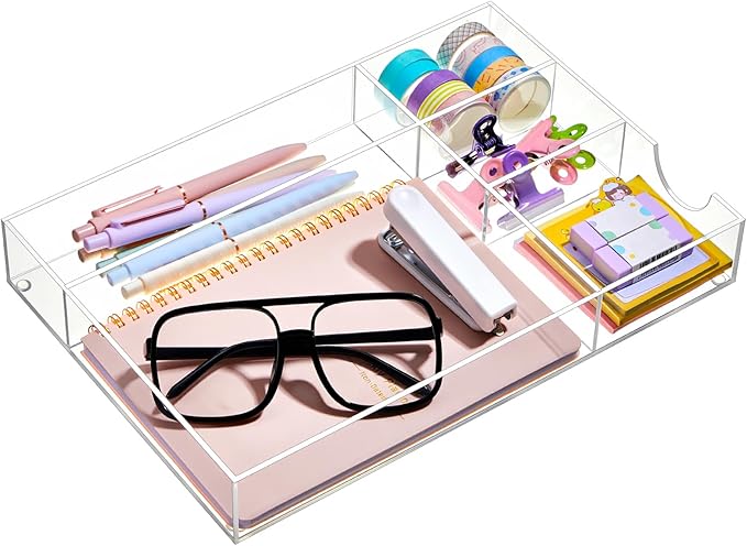 Briwooody Acrylic Desk Drawer Organizer 12.2 x 8.27 x 1.77 Inch Storage Tray Organizer for Pens, Stationery, Desktop, Office, Bathroom, Kitchen, Makeup Supplies(5 Compartments, Clear)