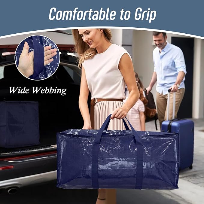 12 Pack Extra Heavy Duty Large Moving Bags with Strong Zipper & Comfortable Handles, Sturdy & Durable Clothes Storage Bags Totes Bins, Packing Moving Boxes for College Supplies, Dark Blue
