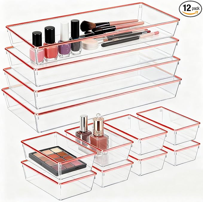 12 Pack Large Size Clear Stackable Drawer Organizer Trays, Rose Gold Rim Makeup Drawer Storage Tray Divider, Desk Storage for Makeup, Jewelry, Bathroom, Stationary, Kitchen Utensils and Office Desk