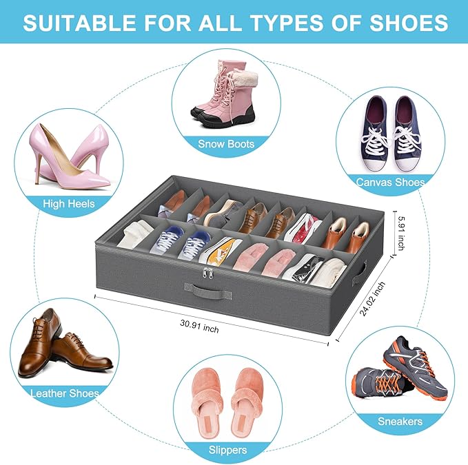 Under Bed Shoe Storage Organizer for Closet, 32 Pairs Sturdy Underbed Shoe Storage Boxes Bins Container Foldable Shoes Storage with Handles & Clear Window for College Dorms Light Grey, Set of 2