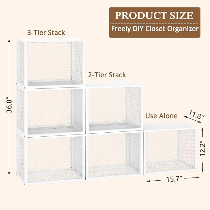 3 Pack Stackable Closet Organizers and Storage Basket, Closet Shelves with Wood Top Extra Storage, Multifunctional Clothes Organizer Bins/Cube Storage Drawer for Wardrobe Kitchen Laundry Room, White