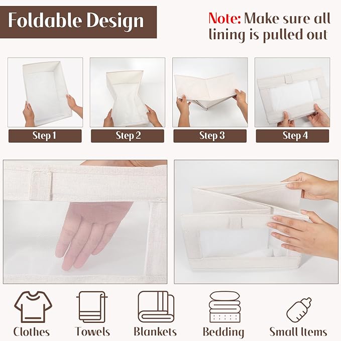 VZZNN 4 Pack Linen Organizers and Storage, Closet Storage Bins Linen Closet Baskets for Organization Foldable Organizer Bins with Clear Window for Organizing Clothing, Beige