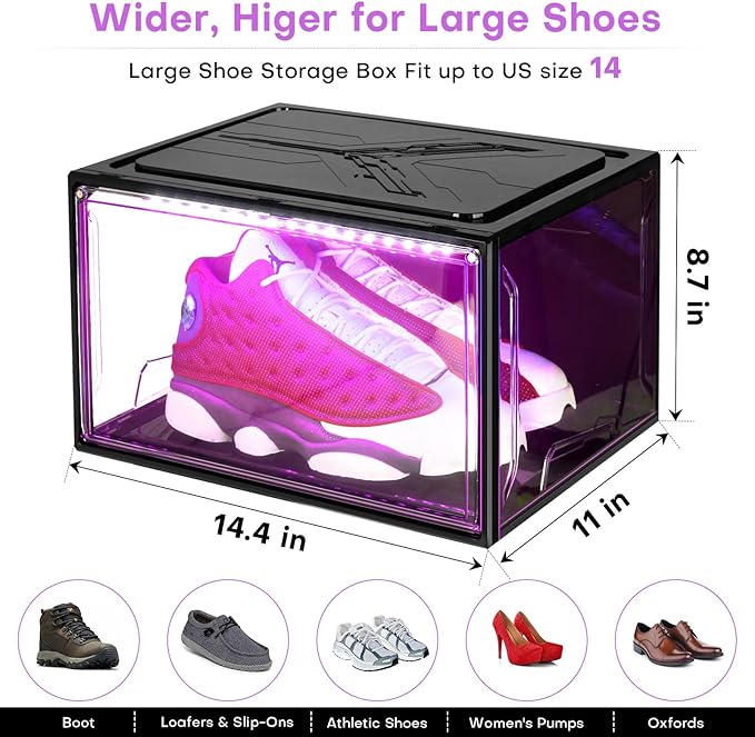 Oltraman Shoe Storage Organizer for Closet, Foldable Shoe Boxes Rack 2 pack, Clear Plastic Stackable Containers Bins Holder, Magnetic Sneaker Shelf for Sneakerheads with LED Lights (Black)