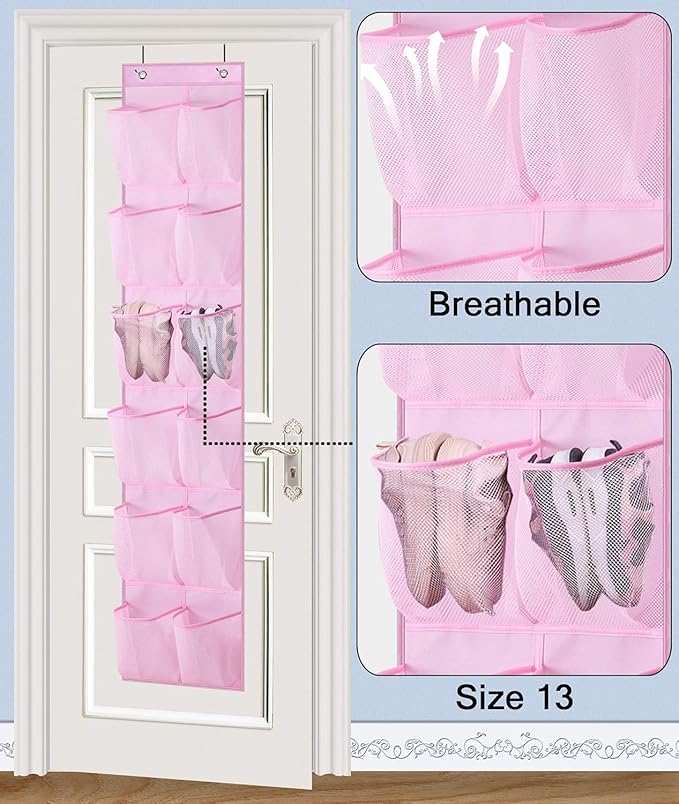 MISSLO Over The Door Shoe Organizer 12 Large Mesh Pockets Hanging Narrow Closet Door, Baby Hanging Shoe Rack Kids Closet Storage bags for Girl Women Men Toddler Nursery, Pink, 2 Pack
