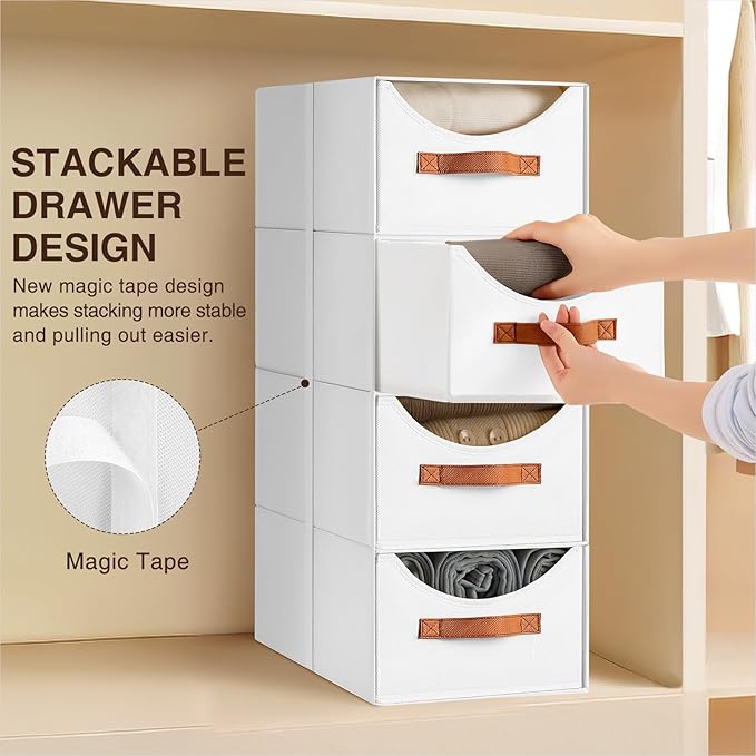 Homsorout Stackable Storage Drawers - Collapsible Storage Bins with Drawers, 6 Pack Closet Shelf Organizer Basket, Fabric Pull Out Organizer for Bedroom, Living Room, Dorm, White