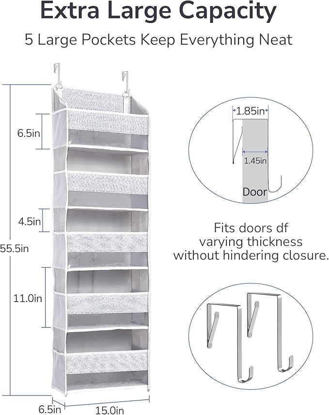 1 Pack Over Door Organizer with 5 Large Pockets 10 Mesh Side Pockets, Light Gray