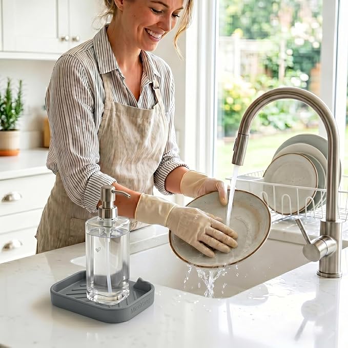 MicoYang Silicone Soap Dish with Drain Spout — Self-Draining Sink Organizer Tray for Bathroom & Kitchen, Holds Bar Soap, Sponges & Dispensers, Non-Slip & Dishwasher Safe, Grey (Small, 4.9"×3.2")