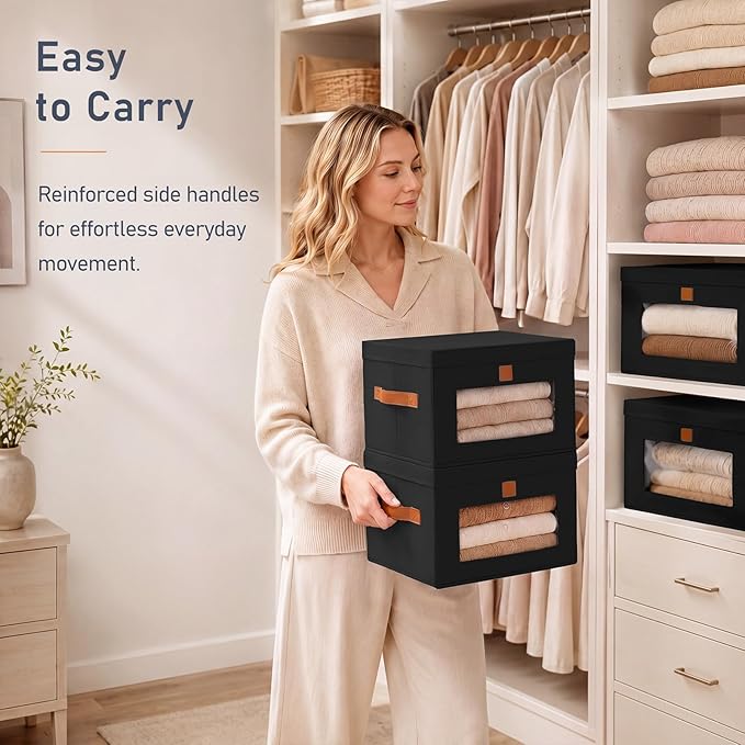 DIMJ Storage Bins with Lids - 6 Pack Front Opening Stackable Fabric Storage Boxes with Clear Window & Handles, Collapsible Closet Organizers for Clothes, Sweaters, Shelf Storage, Bedroom, Black
