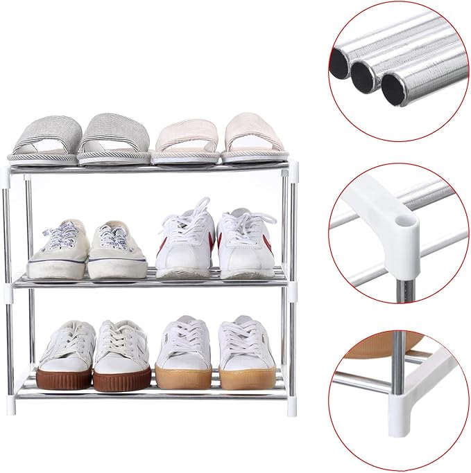 Jucaifu Stackable Small Shoe Rack, Entryway, Hallway and Closet Space Saving Storage and Organization (3-Tier, White)
