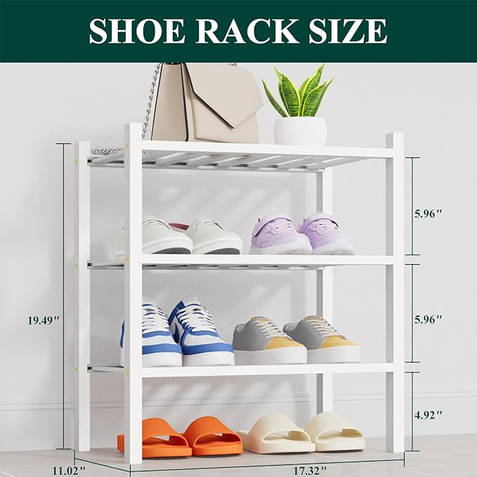 Smiry Small Bamboo Shoe Rack, 3 Tier Free Standing Wooden Shoe Organizer, Stackable Wood Shoe Storage Shelf for Closet, Entryway, 14 Vertical Slats, 2+1 Stack Heavy-Duty Legs, 17.3"x11"x19.5", White