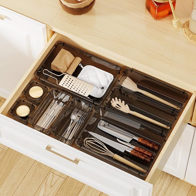 16 PCS Clear Plastic Drawer Organizer Set, Clear Black