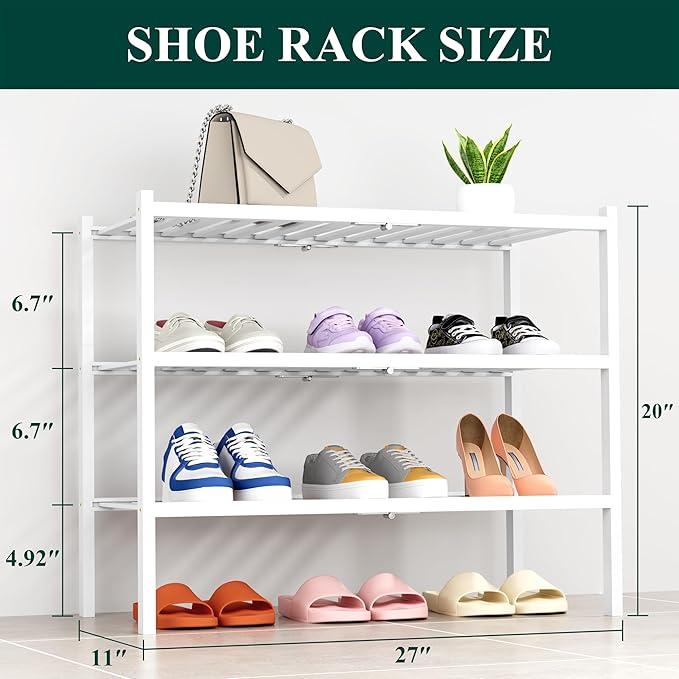 Smiry Bamboo Shoe Rack, 3 Tier Free Standing Wooden Shoe Organizer, Stackable Wood Shoe Storage Shelf for Closet, Entryway, 14 Vertical Slats, 2+1 Stack Heavy-Duty Legs, 26.8"x11"x19.5", White