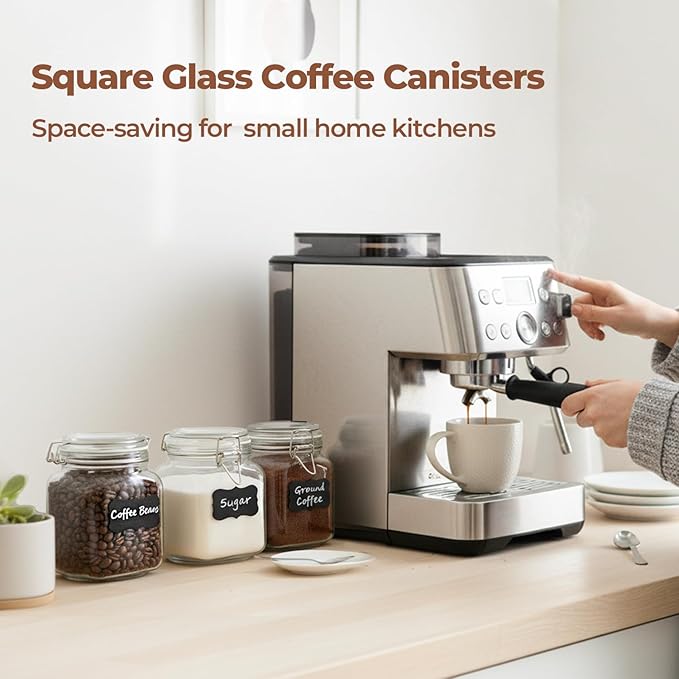 ComSaf 3-Pack Square Glass Coffee Canisters for 1lb Bean Bags, 34oz Airtight Jars with Clamp Lids for Tea, Sugar & Flour, Space-Saving Pantry Organization for Small Apartments & Coffee Station