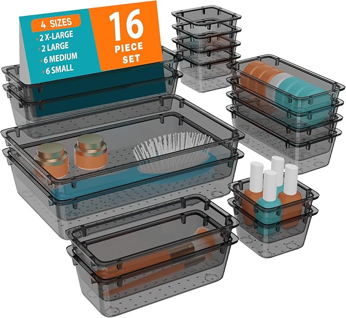 16 PCS Clear Plastic Drawer Organizer Set, Clear Black