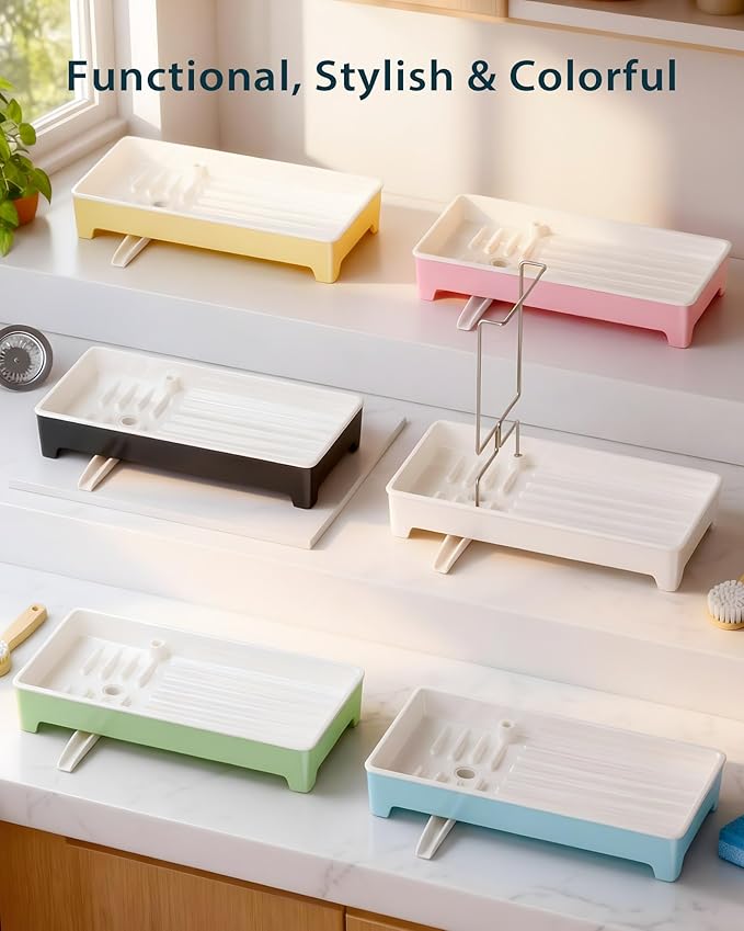 Minimalist Sink Caddy, Rustproof Sponge Holder for Kitchen Sink with 304 Stainless-Steel Brush Holder, Countertop Rack Organizer with Raised Ridges & Silicone Drain Tube (Pastel Yellow, Large)
