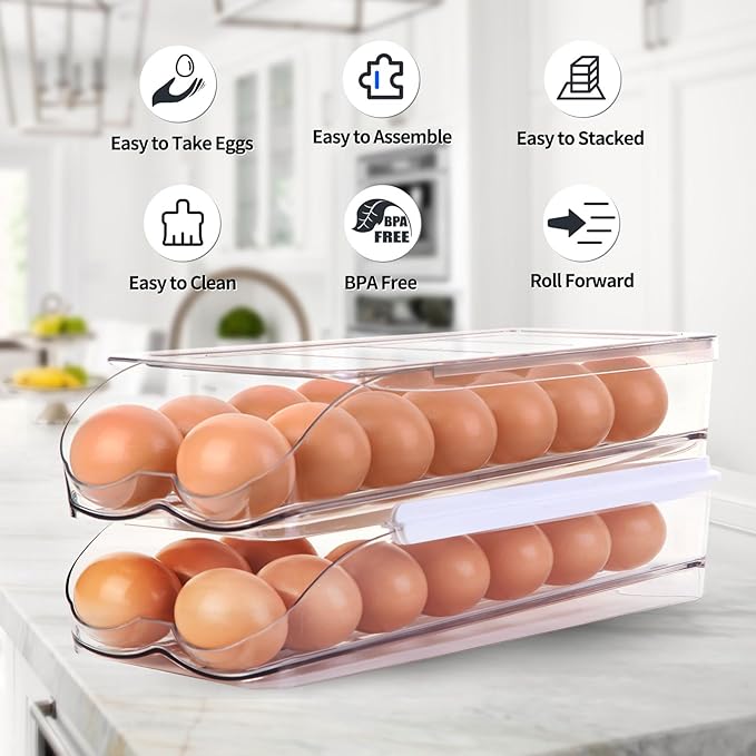 RoskDeewat Egg Holder for Fridge, Automatically Rolling Egg Container for Refrigerator, Clear Plastic Fridge Organizers and Storage with Lid, Stackable Egg Dispenser & Tray (3 Tier)