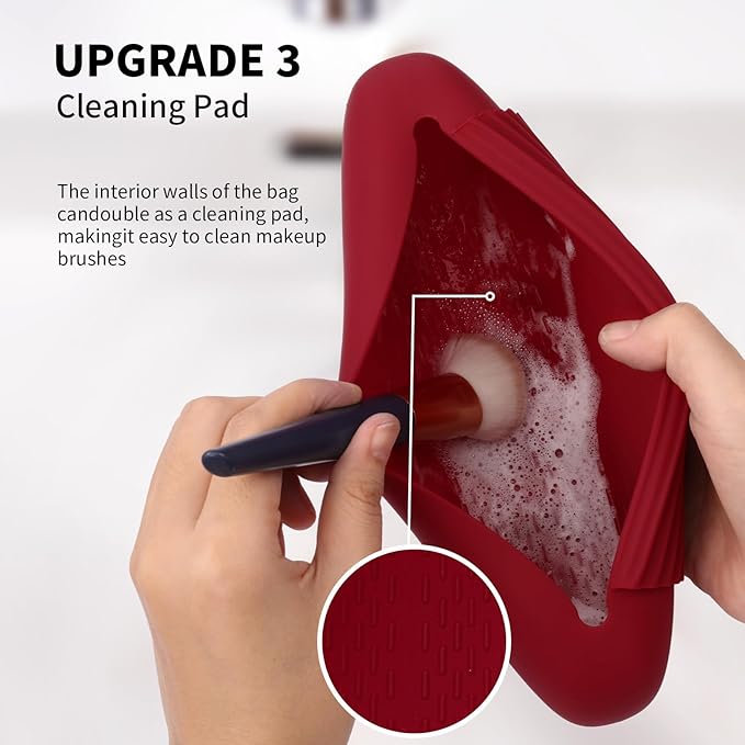 AGIKET Silicone Makeup Brush Holder Travel Cosmetic Bag：Soft Portable Cosmetic Face Brushes Holder with Upgrade Anti-Fall Out Magnetic Closure, Large Travel Makeup Brush Case - Red