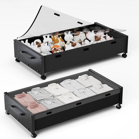 Under Bed Storage with Wheels, Wooden Under Bed Drawers 2 Packs