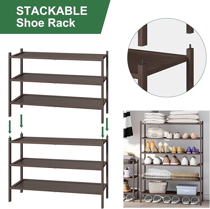 Bamboo Shoe Rack for Entryway, 3-Tier Stackable, Foldable, Natural