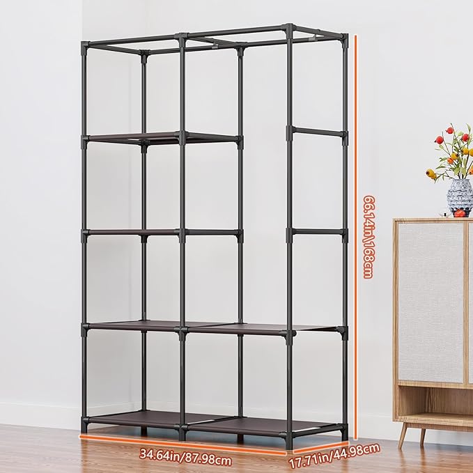 SORCEDAS Portable Closet Wardrobe Organizer Storage with Cover Non-Woben Fabric Portable Wardrobe Closet for Hanging Clothes Racks Shelving 33 Inch for Bedroom, Blue (Coffee, 33Inch)