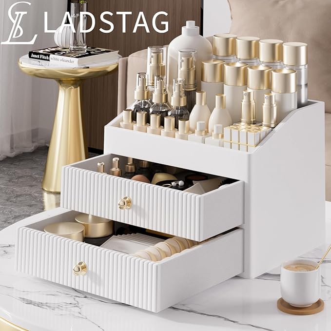 Makeup Organizer Countertop, Leather Makeup Storage with 2 Drawers