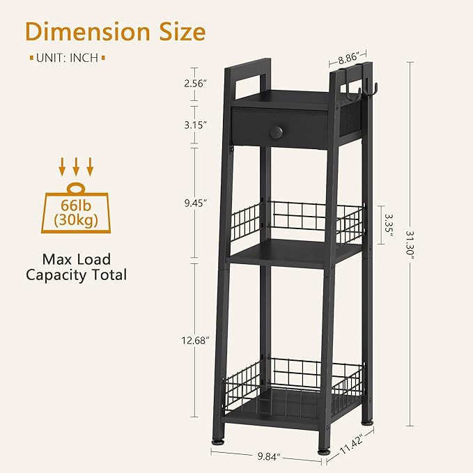 3-Tier Narrow Ladder Shelf with Drawer, Black
