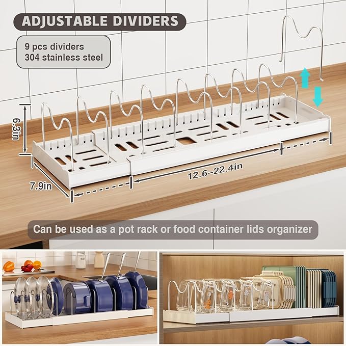 Magheo 2 Pack Expandable Food Storage Container Lid Organizers, 22" Pots and Pans Organizer Under Cabinet with 9 Adjustable Dividers Pot and Pan Lid Holders Rack Inside Cabinet(White)