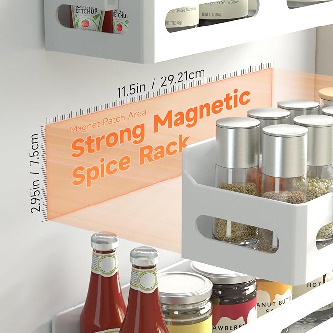 Sevenblue 4 Pack Strong Magnetic Spice Rack for Refrigerator, Multipurpose Magnetic Shelf for Fridge with 4 Hooks for kitchen and Bathroom Organization, White