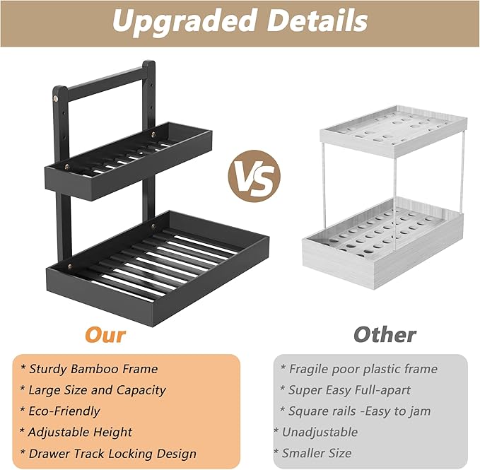 Bamboo Under Sink Storage 2 Tier Pull Out Cabinet Organizer Slide Out Under Sink Storage Shelf Undersink Organizers Shelves for Kitchen Bathroom Organization (Black, 1 Pack)