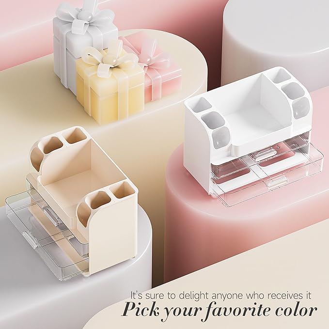 Large Makeup Organizer Countertop with 6 Brush Holders, Cream White