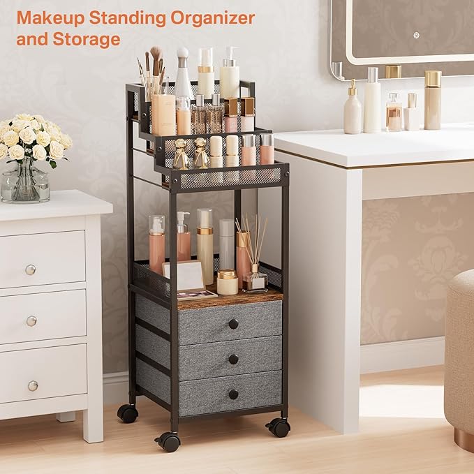Display Riser Stand Perfume Cologne Organizer, 13in Rolling Makeup Storage Cart with Fabric Drawers, Floor Vanity Cosmetics Display Cases for Skin Care Nail Polish Figures Rustic Brown